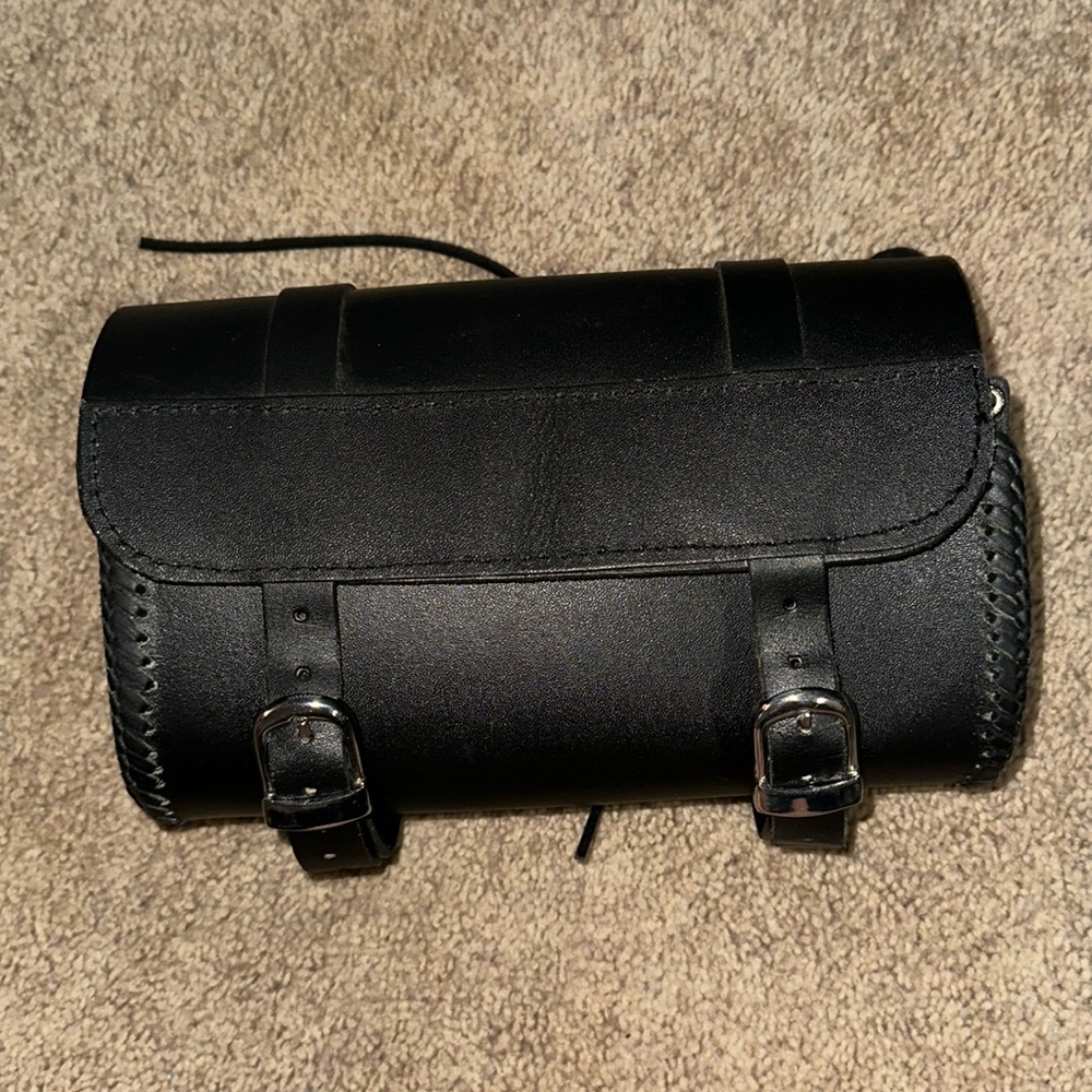 Motorcycle Black Leather Tool Bag  with Buckles